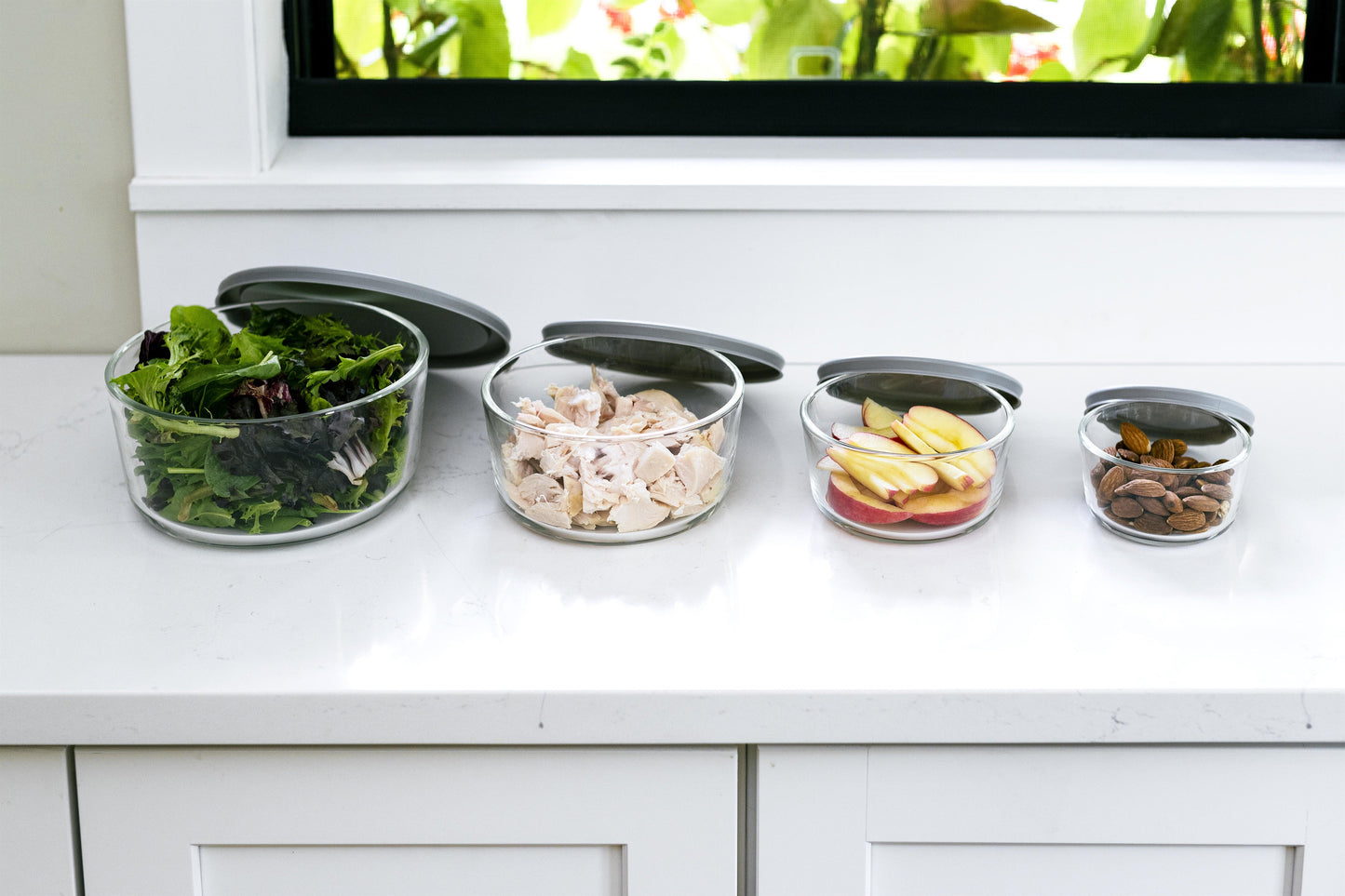 Glass Food Storage Containers - 8 Piece (4 Containers + 4 Lids) Round Nesting Space-Saving Set