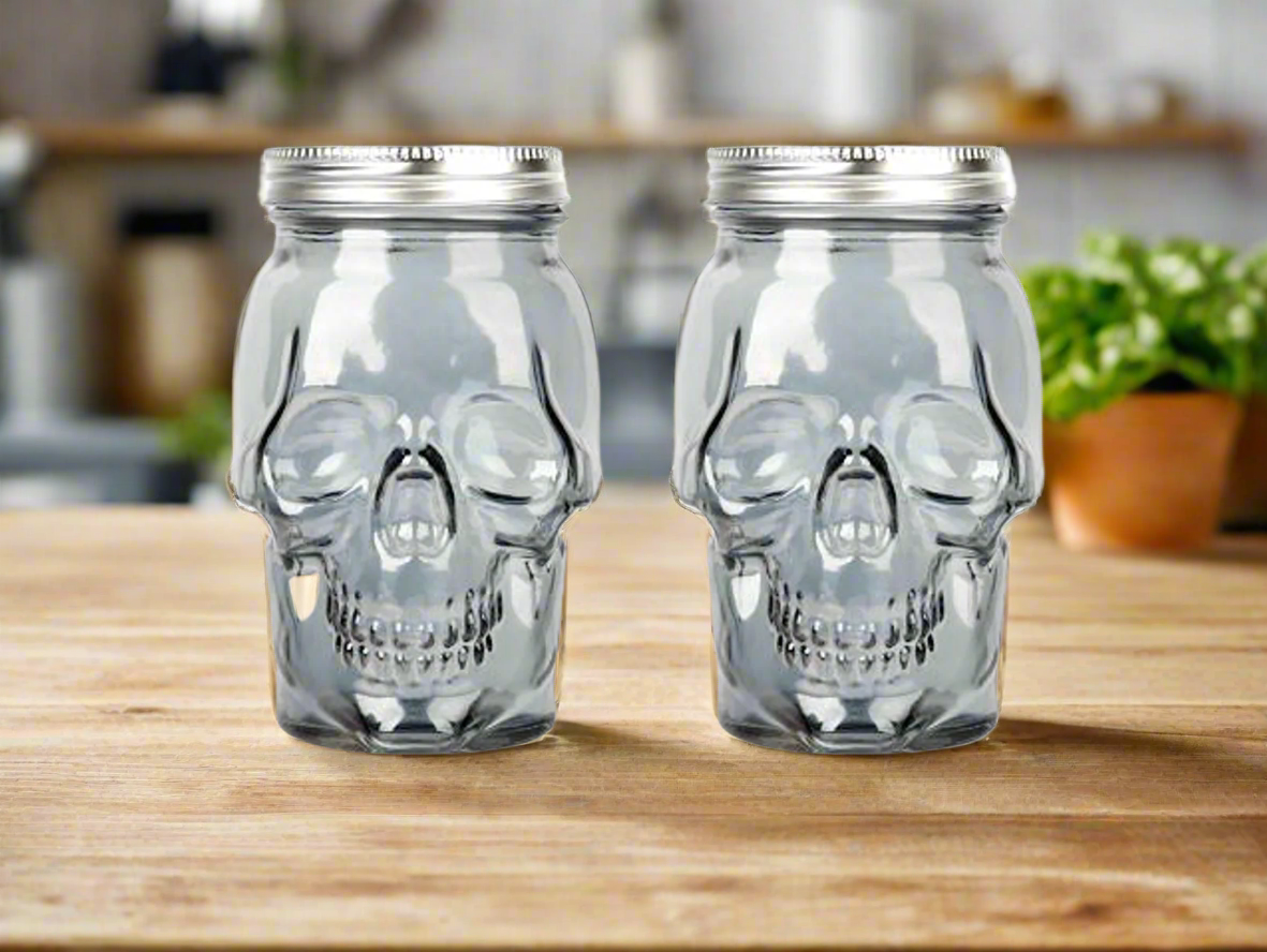 Skull Mason Jar with Lid, 4-Piece Set (2 skull Mason Jars & 2 Lids) 16oz, Smoke