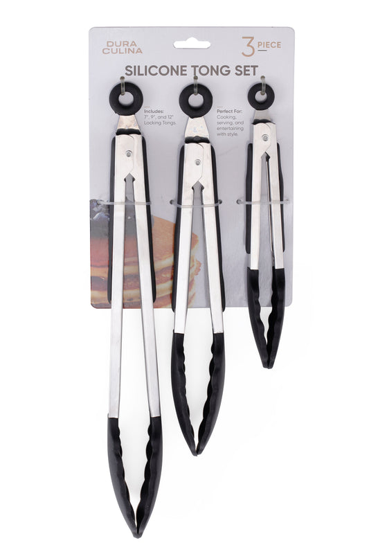 3-Piece Kitchen Tong Set For Versatile Cooking & Serving (Black)